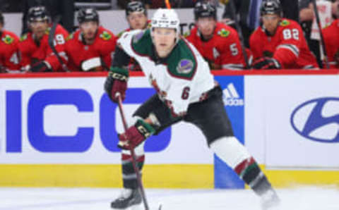 CHICAGO, ILLINOIS – FEBRUARY 10: Jakob Chychrun #6 of the Arizona Coyotes skates with the puck against the Chicago Blackhawks during the first period at United Center on February 10, 2023 in Chicago, Illinois. (Photo by Michael Reaves/Getty Images)