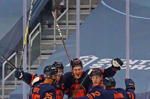 Oiler Celebration After Goal Mandatory Credit: Perry Nelson-USA TODAY Sports