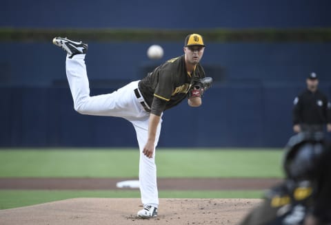 SAN DIEGO, CA – JUNE 1: Walker Lockett #62 of the San Diego Padres pitches during the first inning of a baseball game against the Cincinnati Reds at PETCO Park on June 1, 2018 in San Diego, California. (Photo by Denis Poroy/Getty Images)