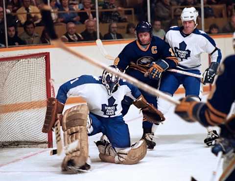 TORONTO, ON – MARCH 21: Michel Larocque #1 and David Shand #3 of the Toronto Maple Leafs skate against Danny Gare #18 of the Buffalo Sabres during NHL game action on March 21, 1981 at Maple Leaf Gardens in Toronto, Ontario, Canada. (Photo by Graig Abel/Getty Images)