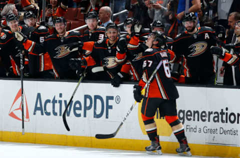 ANAHEIM, CA – FEBRUARY 25: Rickard Rakell #67 of the Anaheim Ducks celebrates his goal in the third period with his teammates to tie the game against the Edmonton Oilers on February 25, 2018. (Photo by Debora Robinson/NHLI via Getty Images)