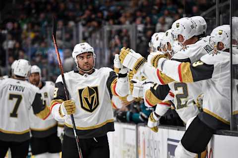 SAN JOSE, CA – OCTOBER 04: William Carrier #28 of the Vegas Golden Knights celebrates scoring a goal against the San Jose Sharks at SAP Center on October 4, 2019 in San Jose, California. (Photo by Brandon Magnus/NHLI via Getty Images)