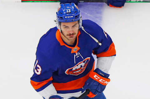 Sep 11, 2020; Edmonton, Alberta, CAN; New York Islanders forward Matt Barzal (13) skates during warmup against the Tampa Bay Lightning in game three of the Eastern Conference Final of the 2020 Stanley Cup Playoffs at Rogers Place. Mandatory Credit: Perry Nelson-USA TODAY Sports