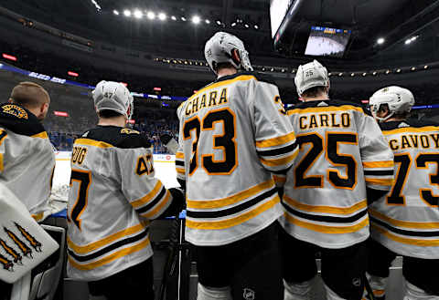 ST. LOUIS, MISSOURI – JUNE 09: Torey Krug #47, Zdeno Chara #33, Brandon Carlo #25 and Charlie McAvoy #73 of the Boston Bruins celebrate on their bench in Game Six of the 2019 NHL Stanley Cup Final at Enterprise Center on June 09, 2019 in St Louis, Missouri. The Bruins defeated the Blues 5-1. (Photo by Brian Babineau/NHLI via Getty Images)