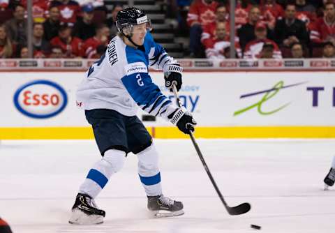 VANCOUVER, BC – JANUARY 2: Oskari Laaksonen #2 of Finland passes the puck in Quarterfinal hockey action of the 2019 IIHF World Junior Championship against Canada on January, 2, 2019 at Rogers Arena in Vancouver, British Columbia, Canada. (Photo by Rich Lam/Getty Images)