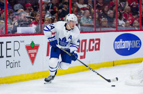 OTTAWA, ON – SEPTEMBER 18: Toronto Maple Leafs defenseman Morgan Rielly (44) skates the puck around the net during second period National Hockey League preseason action between the Toronto Maple Leafs and Ottawa Senators on September 18, 2017, at Canadian Tire Centre in Ottawa, ON, Canada. (Photo by Richard A. Whittaker/Icon Sportswire via Getty Images)