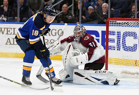 ST. LOUIS, MO – APRIL 01: St. Louis Blues center Robert Thomas (18) shoots the puck against Colorado Avalanche goalie Philipp Grubauer (31) during a NHL game between the Colorado Avalanche and the St. Louis Blues on April 01, 2019, at Enterprise Center, St. Louis, MO. (Photo by Keith Gillett/Icon Sportswire via Getty Images)