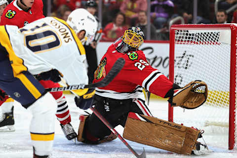 CHICAGO, ILLINOIS – DECEMBER 17: Marc-Andre Fleury #29 of the Chicago Blackhawks  (Photo by Jonathan Daniel/Getty Images)