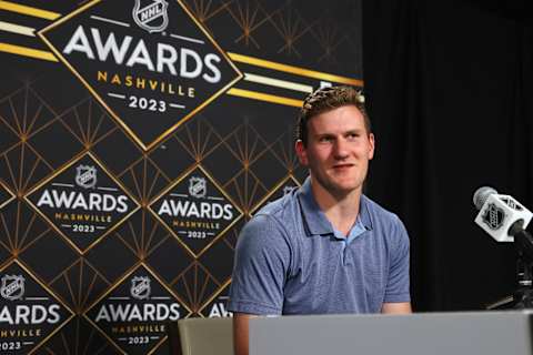 Adam Fox of the New York Rangers speaks with the media at the 2023 NHL Awards player availability at the Bridgestone Arena on June 25, 2023 in Nashville, Tennessee. (Photo by Bruce Bennett/Getty Images)