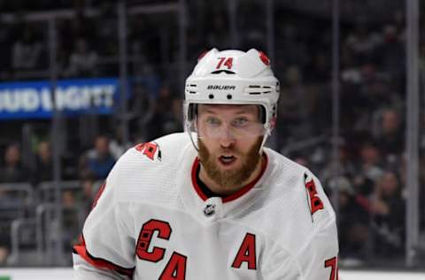 LOS ANGELES, CALIFORNIA – OCTOBER 15: Jaccob Slavin #74 of the Carolina Hurricanes skates toward the puck during a 2-0 Hurricanes win over the Los Angeles Kings at Staples Center on October 15, 2019, in Los Angeles, California. (Photo by Harry How/Getty Images)