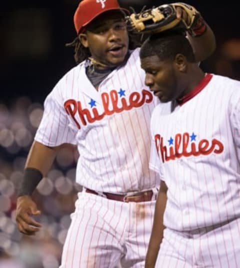 Franco Rubs Neris’ Head After His Eighth-Inning Hold. Photo by Bill Streicher – USA TODAY Sports.