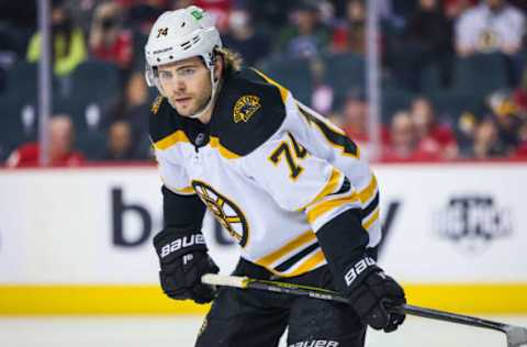 Jake DeBrusk, #74 Boston Bruins 11, 2021; Calgary, Alberta, CAN; Boston Bruins left wing Jake DeBrusk (74) against the Calgary Flames during the first period at Scotiabank Saddledome. Mandatory Credit: Sergei Belski-USA TODAY Sports