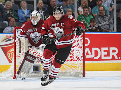 LONDON, ON – MAY 21: Matt Finn #4 of the Guelph Storm skates against the London Knights in Game Six of the 2014 MasterCard Memorial Cup at Budweiser Gardens on May 21, 2014 in London, Ontario, Canada. The Storm defeated the Knights 7-2. (Photo by Claus Andersen/Getty Images)