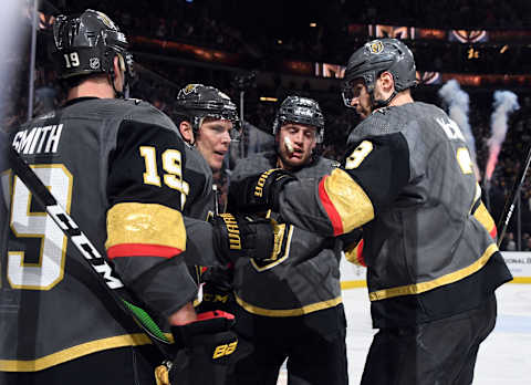 LAS VEGAS, NEVADA – FEBRUARY 20: Reilly Smith #19, Paul Stastny #26, Nate Schmidt #88 and Brayden McNabb #3 of the Vegas Golden Knights celebrate after Stastny scored a second-period goal against the Tampa Bay Lightning during their game at T-Mobile Arena on February 20, 2020 in Las Vegas, Nevada. (Photo by Ethan Miller/Getty Images)