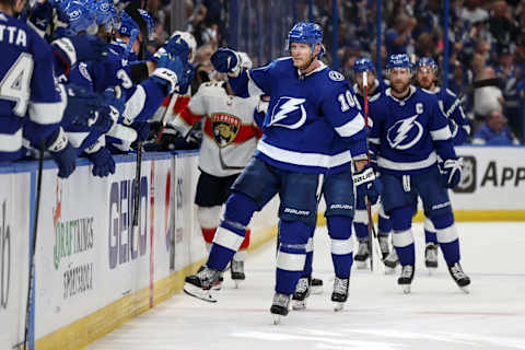 TAMPA, FL – MAY 22: Corey Perry #10 of the Tampa Bay Lightning celebrates his goal against the Florida Panthers during the first period in Game Three of the Second Round of the 2022 Stanley Cup Playoffs at Amalie Arena on May 22, 2022 in Tampa, Florida. (Photo by Mike Carlson/Getty Images)