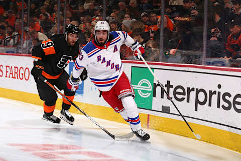 PHILADELPHIA, PA – DECEMBER 23: Mika Zibanejad #93 of the New York Rangers skates against Ivan Provorov #9 of the Philadelphia Flyers at the Wells Fargo Center on December 23, 2019 in Philadelphia, Pennsylvania. (Photo by Mitchell Leff/Getty Images)