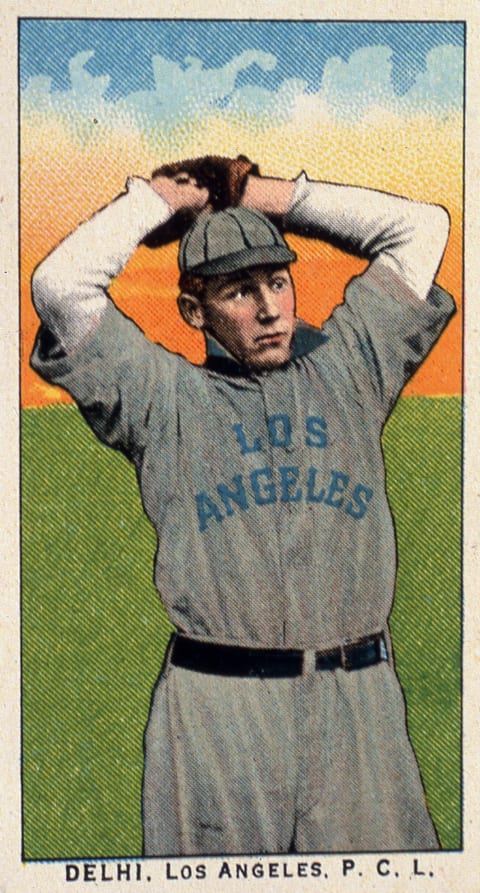 Cigarette card features American baseball player Flame Delhi (1892 – 1966) of the Los Angeles Angels (from the Pacific Coast League), Los Angeles, California, 1911. (Photo by Transcendental Graphics/Getty Images)