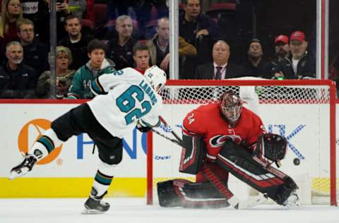 RALEIGH, NC – DECEMBER 05: Petr Mrazrk #34 of the Carolina Hurricanes makes a save on a shootout attempt by Kevin Lebanc #62 of the San Jose Sharks during an NHL game on December 5, 2019 at PNC Arena in Raleigh, North Carolina. (Photo by Gregg Forwerck/NHLI via Getty Images)