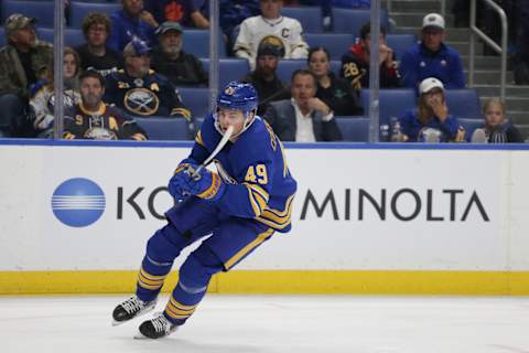 BUFFALO, NEW YORK – SEPTEMBER 27: Filip Cederqvist #49 of the Buffalo Sabres skates during the third period against the Philadelphia Flyers at KeyBank Center on September 27, 2022 in Buffalo, New York. (Photo by Joshua Bessex/Getty Images)