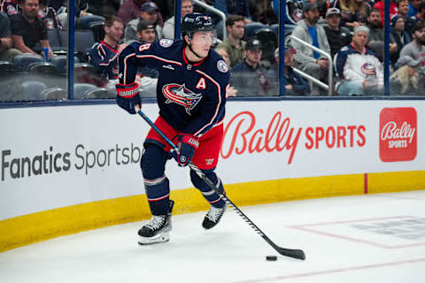 Oct 12, 2023; Columbus, Ohio, USA; Columbus Blue Jackets defenseman Zach Werenski (8) skates with the puck against the Philadelphia Flyers in the second period at Nationwide Arena. Mandatory Credit: Aaron Doster-USA TODAY Sports