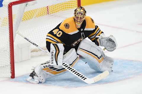 BOSTON, MA – OCTOBER 13: Tuukka Rask #40 of the Boston Bruins in the net against the New Jersey Devils at the TD Garden on October 13, 2019 in Boston, Massachusetts. (Photo by Steve Babineau/NHLI via Getty Images)