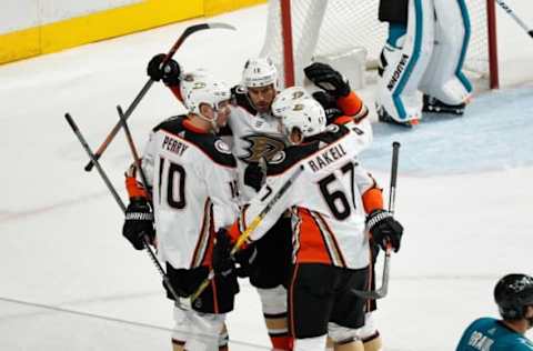 SAN JOSE, CA – APRIL 16: Rickard Rakell #67 of the Anaheim Ducks celebrates his first-period goal against the San Jose Sharks. (Photo by Scott Dinn/NHLI via Getty Images)