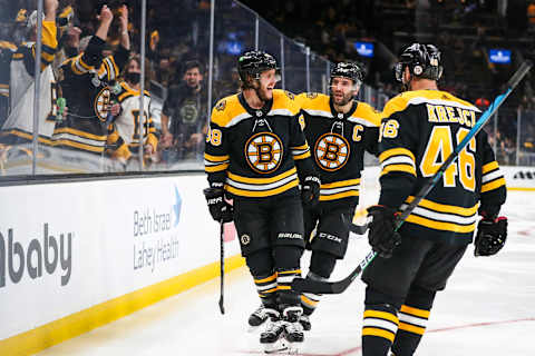 BOSTON, MA – MAY 21: David Pastrnak #88 of the Boston Bruins reacts after scoring in the third period of Game Four of the First Round of the 2021 Stanley Cup Playoffs against the Washington Capitals at TD Garden on May 21, 2021 in Boston, Massachusetts. (Photo by Adam Glanzman/Getty Images)