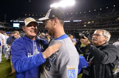 Nov 1, 2015; New York City, NY, USA; Kansas City Royals second baseman Ben Zobrist (18) celebrates with manager Ned Yost (left) after defeating the New York Mets in game five of the World Series at Citi Field. The Royals won the World Series four games to one. Mandatory Credit: Robert Deutsch-USA TODAY Sports