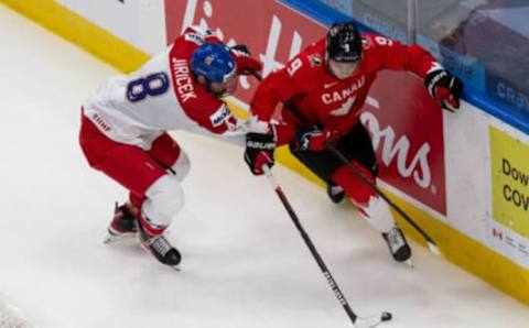 EDMONTON, AB – JANUARY 02: Connor Zary #9 of Canada skates against David Jiricek #8 of the Czech Republic during the 2021 IIHF World Junior Championship quarterfinals at Rogers Place on January 2, 2021 in Edmonton, Canada. (Photo by Codie McLachlan/Getty Images)