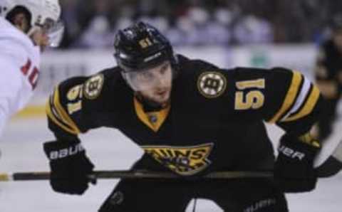 Mar 5, 2016; Boston, MA, USA; Boston Bruins center Ryan Spooner (51) gets set for a face-off during the second period against the Washington Capitals at TD Garden. Mandatory Credit: Bob DeChiara-USA TODAY Sports