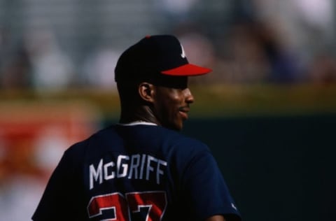 ST. LOUIS, MO – JULY 24: Fred McGriff of the Atlanta Braves looks on against the St. Louis Cardinals at Busch Stadium on July 24, 1996 in St. Louis, Missouri. The Braves defeated the Cardinals 4-1. (Photo by Sporting News via Getty Images)