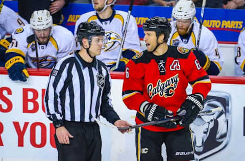 Jan 27, 2016; Calgary, Alberta, CAN; Calgary Flames defenseman Dennis Wideman (6) against the Nashville Predators during the second period at Scotiabank Saddledome. Nashville Predators won 2-1. Mandatory Credit: Sergei Belski-USA TODAY Sports