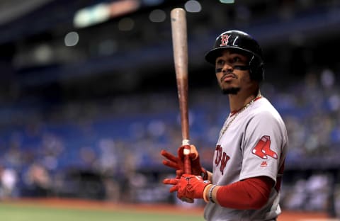 ST PETERSBURG, FL – MAY 22: Mookie Betts #50 of the Boston Red Sox looks on during a game against the Tampa Bay Rays at Tropicana Field on May 22, 2018, in St Petersburg, Florida. (Photo by Mike Ehrmann/Getty Images)