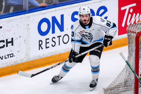 WINNIPEG, CANADA – MARCH 18: Matthew Savoie #93 of the Winnipeg ICE skates during first period action against the Prince Albert Raiders at Wayne Fleming Arena on March 18, 2023 in Winnipeg, Manitoba, Canada. (Photo by Jonathan Kozub/Getty Images)