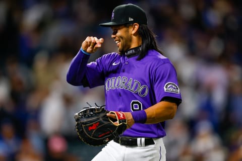 DENVER, CO – APRIL 9: Connor Joe #9 of the Colorado Rockies celebrates the Rockies 3-2 win against the Los Angeles Dodgers at Coors Field on April 9, 2022 in Denver, Colorado. (Photo by Justin Edmonds/Getty Images)