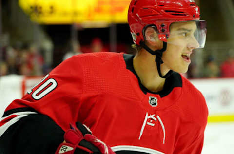 RALEIGH, NC – OCTOBER 29: Sebastian Aho #20 of the Carolina Hurricanes skates during warmups prior to an NHL game against the Calgary Flames on October 29, 2019 at PNC Arena in Raleigh, North Carolina. (Photo by Gregg Forwerck/NHLI via Getty Images)