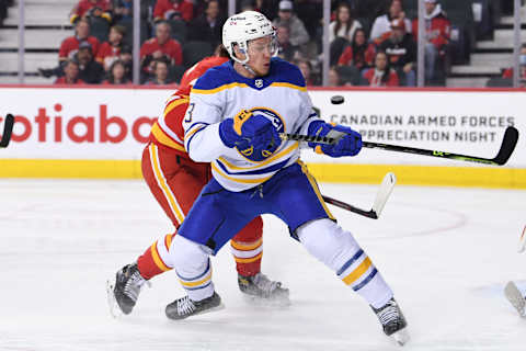 Mar 18, 2022; Calgary, Alberta, CAN; Buffalo Sabres forward Jeff Skinner (53) reacts to a shot on the Calgary Flames in the second period at Scotiabank Saddledome. Mandatory Credit: Candice Ward-USA TODAY Sports