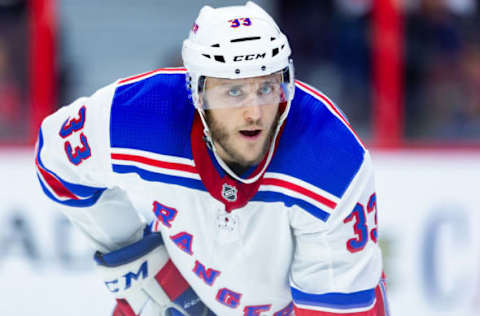 OTTAWA, ON – NOVEMBER 29: New York Rangers defenseman Fredrik Claesson (33) prepares for a face-off during second period National Hockey League action between the New York Rangers and Ottawa Senators on November 29, 2018, at Canadian Tire Centre in Ottawa, ON, Canada. (Photo by Richard A. Whittaker/Icon Sportswire via Getty Images)