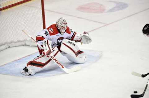 HERSHEY, PA – FEBRUARY 09: Charlotte Checkers goalie Alex Nedeljkovic (30) watches a shot from the slot during the Charlotte Checkers vs. Hershey Bears AHL game February 9, 2019 at the Giant Center in Hershey, PA. (Photo by Randy Litzinger/Icon Sportswire via Getty Images)