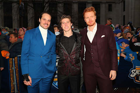 Toronto Maple Leafs – (L-R) Auston Matthews, Mitch Marner, and Frederik Andersen at the red carpet for the 2020 NHL All-Star Festivities (Photo by Dilip Vishwanat/Getty Images)