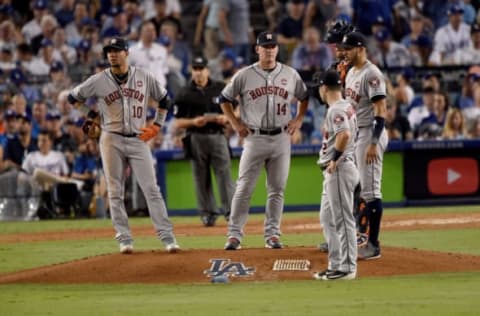 LOS ANGELES, CA – OCTOBER 24: Manager A.J. Hinch of the Houston Astros visits the pitcher’s mound during the seventh inning against the Los Angeles Dodgers in game one of the 2017 World Series at Dodger Stadium on October 24, 2017 in Los Angeles, California. (Photo by Kevork Djansezian/Getty Images)