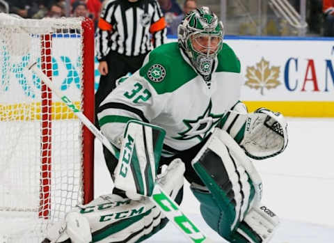 Nov 11, 2016; Edmonton, Alberta, CAN; Dallas Stars goaltender Kari Lethonen (32) follows the play against the Edmonton Oilers at Rogers Place. Mandatory Credit: Perry Nelson-USA TODAY Sports