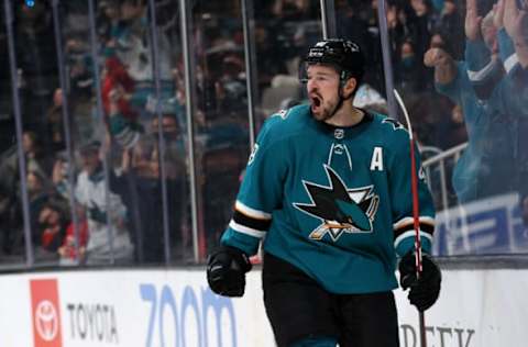 SAN JOSE, CALIFORNIA – DECEMBER 07: Tomas Hertl #48 of the San Jose Sharks reacts after he scored he second goal of the game against the Calgary Flames in the second period at SAP Center on December 07, 2021 in San Jose, California. (Photo by Ezra Shaw/Getty Images)