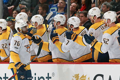 VANCOUVER, BC – DECEMBER 13: P.K. Subban #76 of the Nashville Predators is congratulated by teammates after scoring his second goal during their NHL game at Rogers Arena December 13, 2017, in Vancouver, British Columbia, Canada. (Photo by Jeff Vinnick/NHLI via Getty Images)