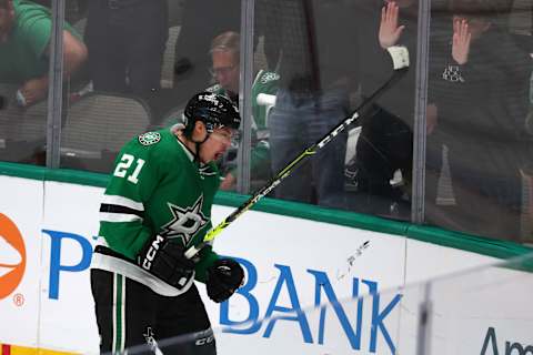 Jason Robertson #21 of the Dallas Stars celebrates a goal against the Vegas Golden Knights  (Photo by Richard Rodriguez/Getty Images)