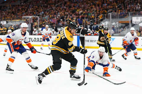 David Pastrnak #88 of the Boston Bruins. (Photo by Adam Glanzman/Getty Images)