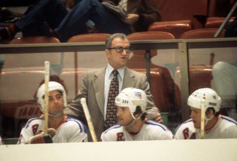 NEW YORK, NY – OCTOBER, 1978: Head coach Fred Shero of the New York Rangers looks on from the bench during an NHL game in October, 1978 at the Madison Square Garden in New York, New York. (Photo by B Bennett/Getty Images)