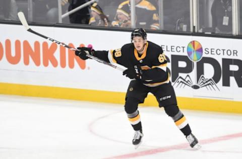 BOSTON, MA – NOVEMBER 29: Jack Studnicka #68 of the Boston Bruins skates against the New York Rangers at the TD Garden on November 29, 2019 in Boston, Massachusetts. (Photo by Steve Babineau/NHLI via Getty Images)