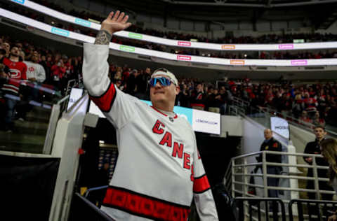 RALEIGH, NC – JANUARY 03: The Carolina Hurricanes hero of the game salutes the crowd during an NHL game between the Carolina Hurricanes and the Washington Capitals on January 3, 2020, at the PNC Arena in Raleigh, NC. (Photo by John McCreary/Icon Sportswire via Getty Images)