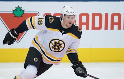 Oct 19, 2019; Toronto, Ontario, CAN; Boston Bruins right wing Brett Ritchie (18) skates during the warm-up against the Toronto Maple Leafs at Scotiabank Arena. Mandatory Credit: Nick Turchiaro-USA TODAY Sports